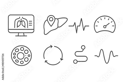 Organ Diagnostics Icons. Line style icons of internal organ diagnostics: system scan, organ map, heartbeat line, function gauge,