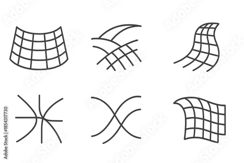 Curved Pathway Icons. Line style icons of bending pathway matrices: curved grid, layered route, data weave, flexing path, network