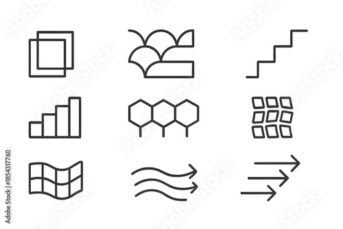 Sequential Pattern Icons. Line style icons of sequential pattern motion: layered squares, tiled curve, step rhythm, progressive