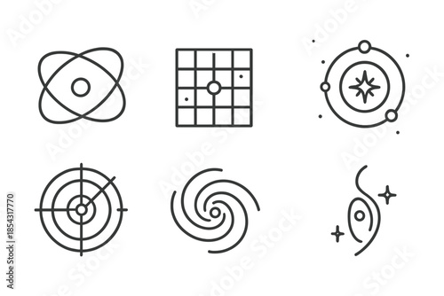 Astronomical Line Icons. Line style icons of astronomical notation systems: planetary orbit, cosmic grid, starlight mark,