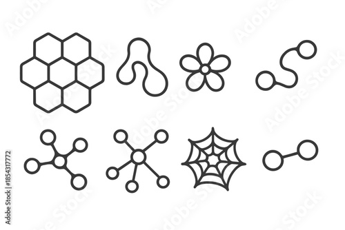 Nectar Network Icons. Line style icons of nectar network patterns: hex grid, liquid link, floral curve, honey flow, organic hub,