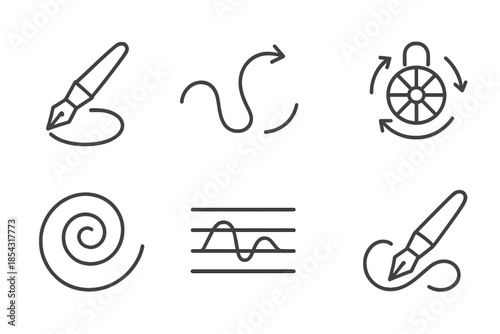 Rotational Verse Tools Icons. Line style icons of rotational verse tools: circular pen, flow line, poetic wheel, rotating rhythm,