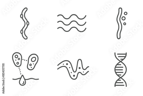 Algal Communication Icons. Line style icons of algal communication systems: algae strand, wavy signal, bubble line, cellular link,