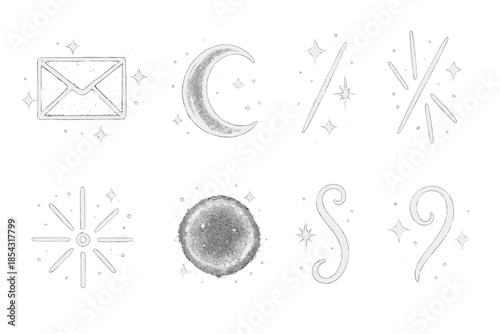 Magical Shimmering Icons. Line style icons of magical shimmering characters: enchanted letter, glowing arc, spark lines, mystical