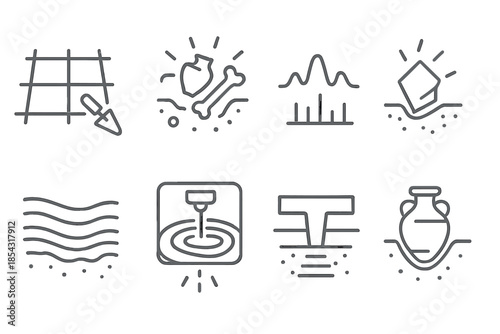 Buried Waste Analysis Icons. Line style icons of buried waste analysis: archaeological grid, luminous debris, spectral line,
