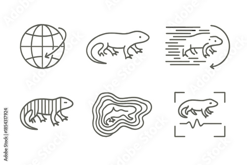 3D Mating Ritual Icons. Line style icons of mating ritual 3D mapping: rotating grid, creature outline, layered scan lines,