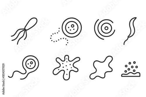 Microscopic Organism Dynamics. Line style icons of microscopic organism dynamics: waving bacterium, cellular trail, dynamic ripple