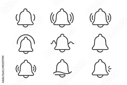 Gentle Bell Icons. Line style icons of gentle bell alerts: small ringing bell, smooth resonance, light echo arc, curved sound path