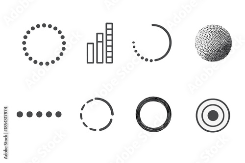 Dotted Progress Icons. Line style icons of dotted progress symbolism: patterned circle, rhythmic bar, shaded trail, grainy marker,