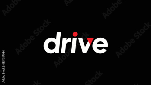 Bold minimalist typographic logo design of the word drive in white with red accents on black