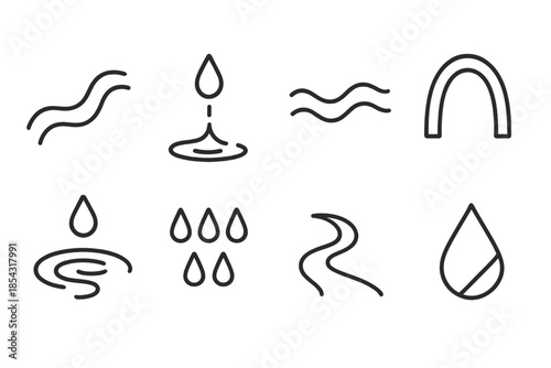 Structural Liquid Icons. Line style icons of structural liquid signs: curved flow, droplet path, water-etched line, architectural