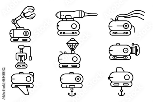 Mussel Adhesion Submarines Icons. Line style icons of mussel adhesion submarines: shell grip arm, adhesive jet nozzle, silk