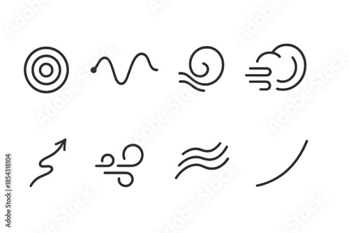 Kinetic Air Icons. Line style icons of kinetic air initiation: motion ripple, wave starter node, breeze ignition loop, air pulse