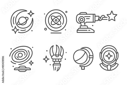 Astral Combat Icons. Line style icons of astral combat mechanisms: orbiting blade, energy core, celestial cannon, graviton trap,
