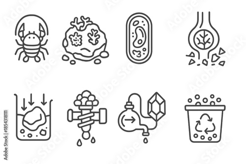 Rock Breakdown Icons. Line style icons of rock breakdown biology: biogenic crusher, microbial erosion zone, litho cell, mineral