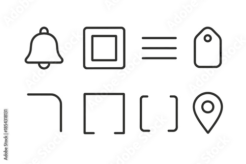 Space Reminder Icons. Line style icons of gentle space reminders: airy layout bell, light margin signal, smooth gap icon, calm