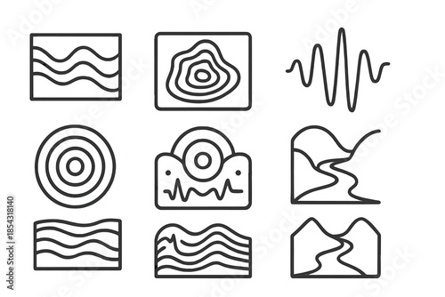Acoustic Landscape Icons. Line style icons of acoustic landscape systems: terrain wave panel, sound topology map, canyon pulse