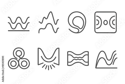 Deep Valley Resonators Icons. Line style icons of deep valley resonators: sound trough pattern, reflective cliff wave, underground