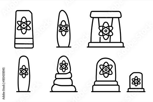 Atomic Standing Stones. Line style icons of atomic standing stones: molecular column form, nano lithic pillar, particle altar ring