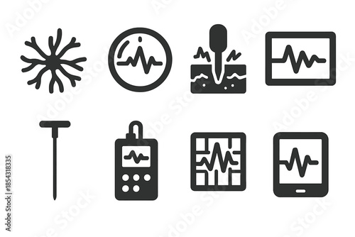 Seismic Mycelium Tools Icons. Solid style icons of mycelium seismic tools: mycelium network, tremor gauge, soil sensor, waveform