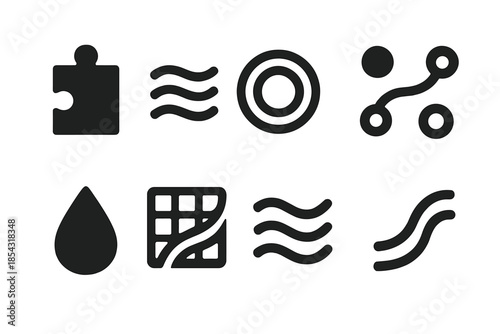 Streaming Puzzle Icons. Solid style icons of a streaming puzzle solver: puzzle piece, water flow line, ripple circle, connecting
