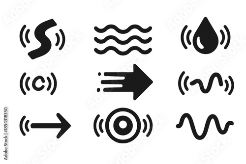 Flow Path Icons. Solid style icons of flow path with vibration marks: curved channel, ripple mark, oscillation wave, fluid droplet