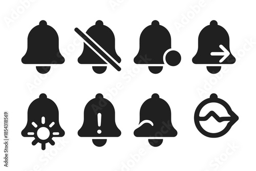 Muted Notification Icons. Solid style icons of a muted notification bell: bell outline, crossed line, pulse dot, subtle glow,