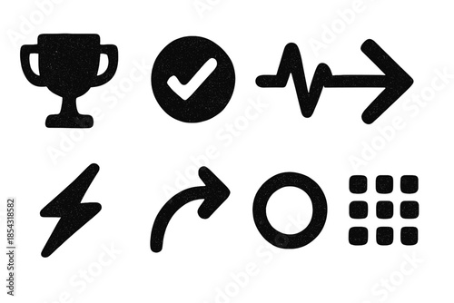 Stippled Achievement Icons. Solid style icons of stippled achievement signs: trophy icon, dotted pattern, pulse dot, directional