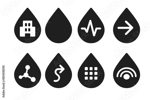 Architectural Droplet Icons. Solid style icons of architectural droplet symbols: building outline, water droplet, pulse line,