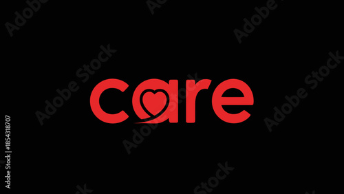 Logo design with the word care and a stylized heart symbol in red on a black background