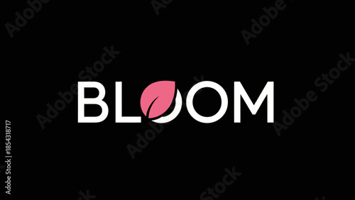 Minimalist logo design featuring the word Bloom with a stylized pink leaf replacing the letter O