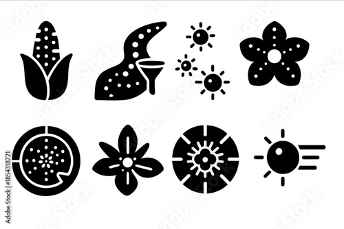 Luminous Pollen Icons. Solid style icons of luminous pollen technology: bioluminescent grain sensor, glow path filter, floating