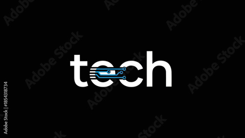 Innovative 'tech' wordmark with integrated circuit design on a black background