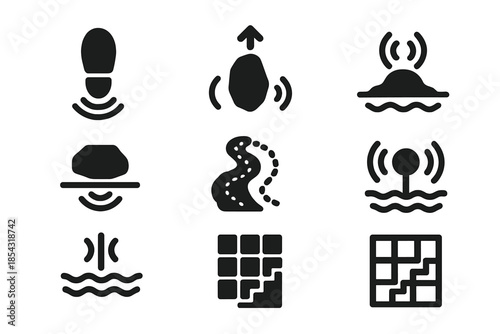 Harmonic Ground Icons. Solid style icons of harmonic ground signals: acoustic step marker, vibration direction stone, echoing soil