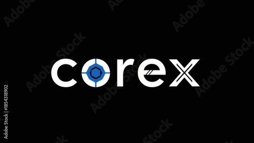 Modern Corex Logo on Black Background White Text and Abstract Symbol Design