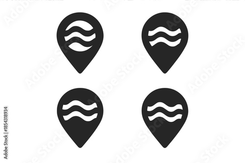 Wavy Route Icon. Solid style icons of an undulating route marker: wave path emblem, flowing direction sign, rhythmic terrain