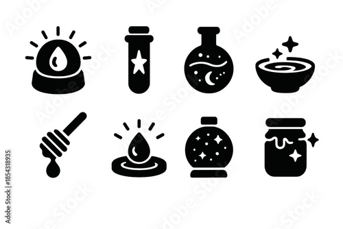 Celestial Nectar Icons. Solid style icons of celestial nectar collection: radiant dew chamber, luminous star vial, cosmic fluid