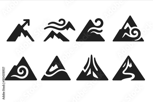 Mountain Air Icons. Solid style icons of mountain air pathways: upward wind mark, skyflow ridge line, air trail summit, zephyr