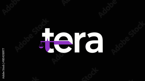 Modern minimalist logo design combining the word tera with a stylized purple scale of justice symbol