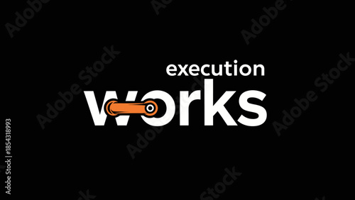 Modern minimalist logo for "execution works" with a stylized orange cogwheel