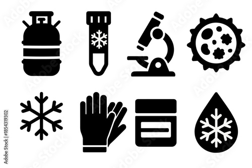 Pollen Cryo-Preservation Icons. Solid style icons of pollen cryo-preservation: nitrogen tank, cryo tube, microscope, pollen grain,