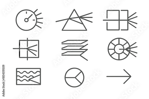 Optical Dispersion Icons. Line style icons of optical dispersion systems: wavelength division dial, light band splitter, prism