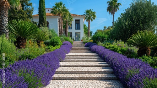 Elegant White Villa with Lush Lavender Garden and Palm Trees