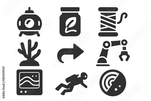 Oceanic Exploration Icons. Solid style icons of oceanic biomaterial exploration: research pod, sample jar, silk thread, coral base