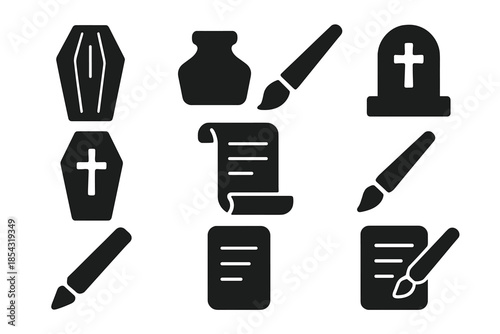Coffin Icon Collection. Solid style icons of coffin-based documentation: wooden coffin, ink pot, writing brush, engraved lid,
