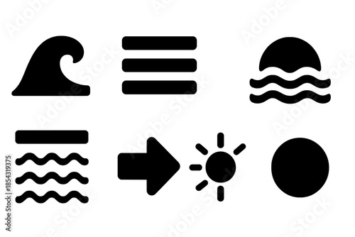 Tide Menu Icons. Solid style icons of tidal maxima as menus: tide wave, menu button, crest line, ripple arc, selection highlight,