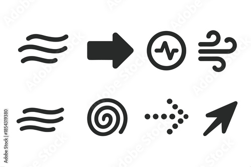 Revitalizing Guide Icons. Solid style icons of revitalizing current guides: airflow path, guide arrow, pulse circle, breeze icon,