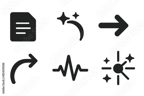 Luminous Page Icon Flow. Solid style icons of luminous page flow: page icon, sparkle arc, directional arrow, motion curve, pulse