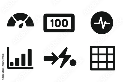 Scale Calculation Icons. Solid style icons of scale-based calculations: segmented shell, numeric indicators, measurement line,