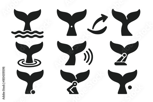 Whale Tail Mechanics Icons. Solid style icons of whale tail mechanics: fluke icon, hinge line, motion arrow, wave ripple,